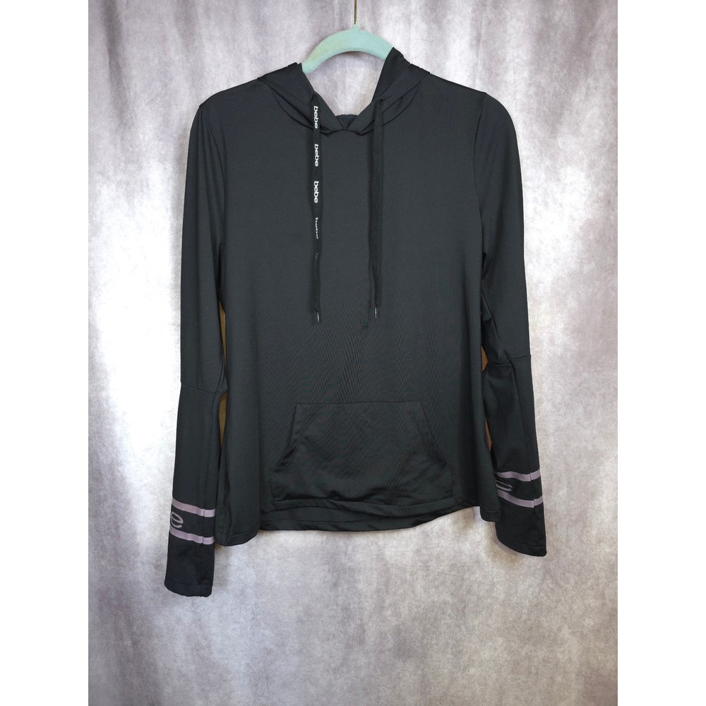 Bebe Sport Black Hoodie Elbow Cutout Sleeve Logo Trim Activewear Size L